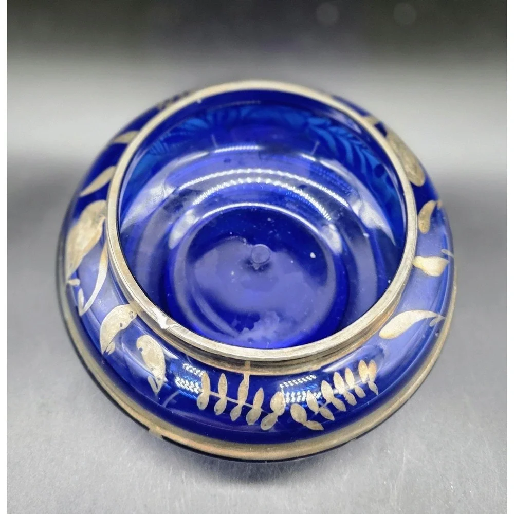 Vintage Cobalt Blue Italian Art Glass Silver Overlay Candy Dish Bowl 6